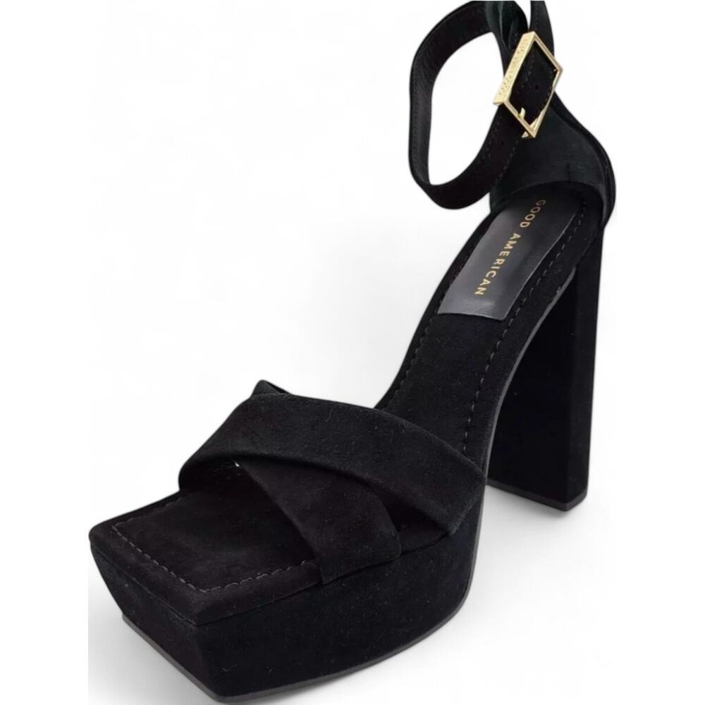 Black Suede Platform Sandal Block Heel Square Toe Ankle Strap Size 10.5 NEW - Picture 6 of 12